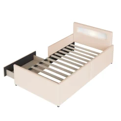 Lit avec rangement 90x200 cm - Lit enfant capitonné avec veilleuse et port USB - Similicuir + Métal - Sans matelas - Beige><noscript><img width=