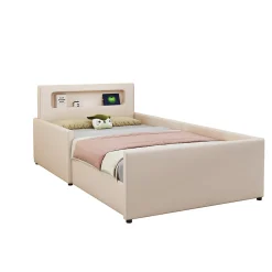 Lit avec rangement 90x200 cm - Lit enfant capitonné avec veilleuse et port USB - Similicuir + Métal - Sans matelas - Beige><noscript><img width=