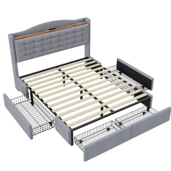 Okwish Lit avec Rangement 160x200 cm - Lit Double avec Port USB, Table de Chevet avec 4 Tiroirs, Sans Matelas, Lin, Gris Clair* Lit Avec Rangement