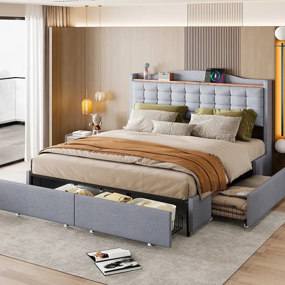 Okwish Lit avec Rangement 160x200 cm - Lit Double avec Port USB, Table de Chevet avec 4 Tiroirs, Sans Matelas, Lin, Gris Clair* Lit Avec Rangement