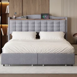 Okwish Lit avec Rangement 160x200 cm - Lit Double avec Port USB, Table de Chevet avec 4 Tiroirs, Sans Matelas, Lin, Gris Clair* Lit Avec Rangement