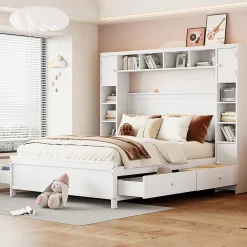 Lit avec Rangement 140x200 cm - Lit Double avec 4 Tiroirs et Placard Spacieux, Bois Massif et MDF, Sans Matelas - Blanc>Okwish Discount