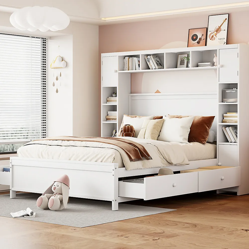 Lit avec Rangement 140x200 cm - Lit Double avec 4 Tiroirs et Placard Spacieux, Bois Massif et MDF, Sans Matelas - Blanc>Okwish Discount