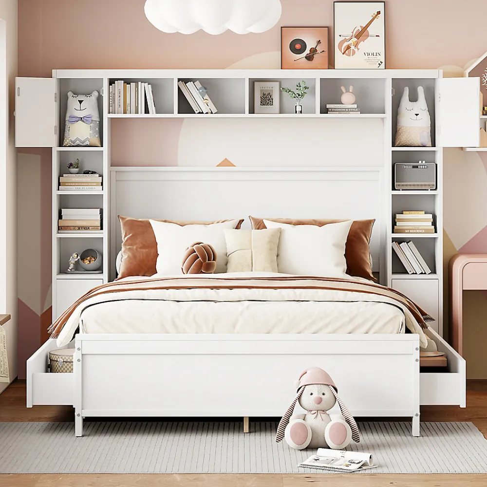 Lit avec Rangement 140x200 cm - Lit Double avec 4 Tiroirs et Placard Spacieux, Bois Massif et MDF, Sans Matelas - Blanc>Okwish Discount