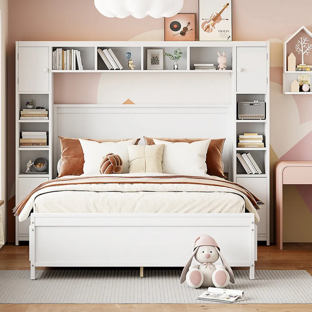 Lit avec Rangement 140x200 cm - Lit Double avec 4 Tiroirs et Placard Spacieux, Bois Massif et MDF, Sans Matelas - Blanc>Okwish Discount