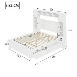 Lit avec Rangement 140x200 cm - Lit Double avec 4 Tiroirs et Placard Spacieux, Bois Massif et MDF, Sans Matelas - Blanc><noscript><img width=