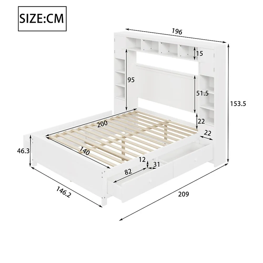 Lit avec Rangement 140x200 cm - Lit Double avec 4 Tiroirs et Placard Spacieux, Bois Massif et MDF, Sans Matelas - Blanc>Okwish Discount