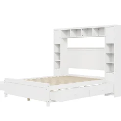 Lit avec Rangement 140x200 cm - Lit Double avec 4 Tiroirs et Placard Spacieux, Bois Massif et MDF, Sans Matelas - Blanc><noscript><img width=