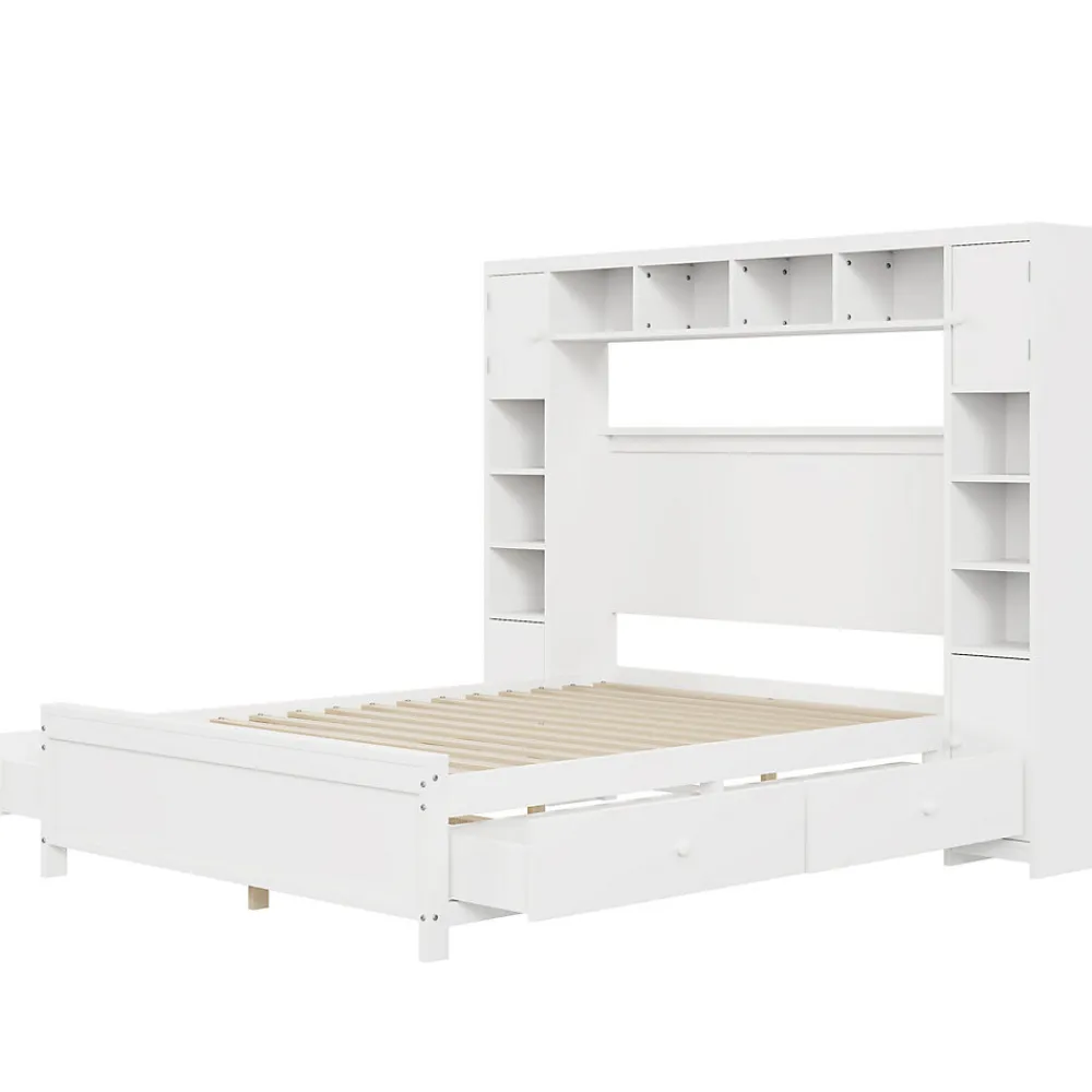 Lit avec Rangement 140x200 cm - Lit Double avec 4 Tiroirs et Placard Spacieux, Bois Massif et MDF, Sans Matelas - Blanc>Okwish Discount