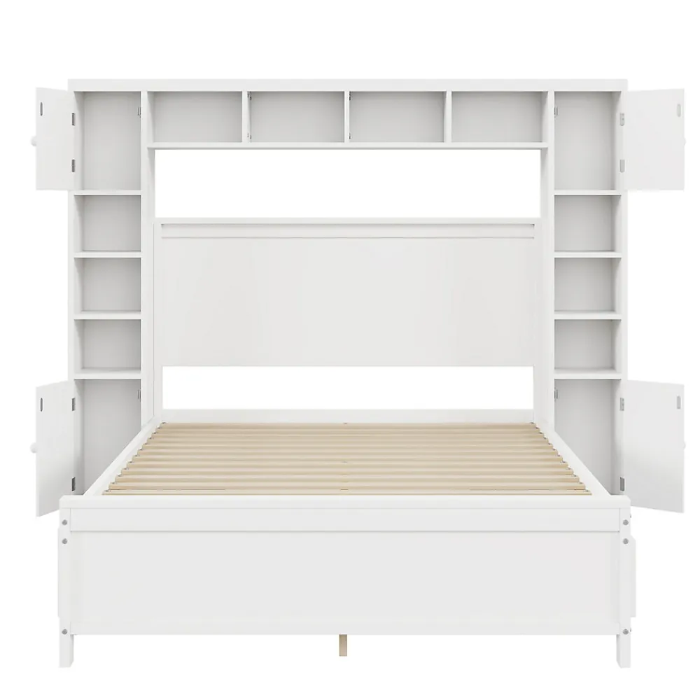 Lit avec Rangement 140x200 cm - Lit Double avec 4 Tiroirs et Placard Spacieux, Bois Massif et MDF, Sans Matelas - Blanc>Okwish Discount