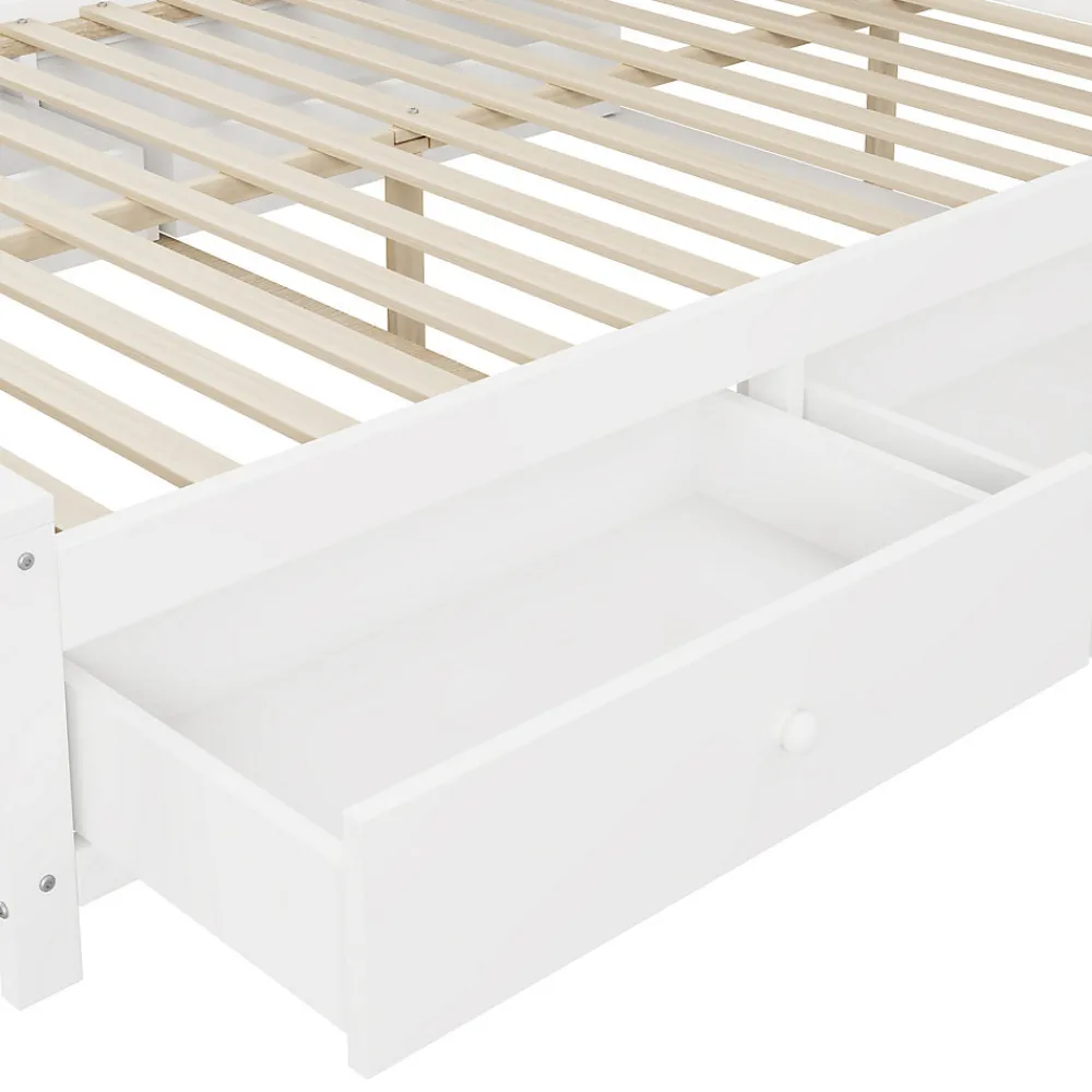 Lit avec Rangement 140x200 cm - Lit Double avec 4 Tiroirs et Placard Spacieux, Bois Massif et MDF, Sans Matelas - Blanc>Okwish Discount
