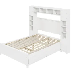 Lit avec Rangement 140x200 cm - Lit Double avec 4 Tiroirs et Placard Spacieux, Bois Massif et MDF, Sans Matelas - Blanc><noscript><img width=