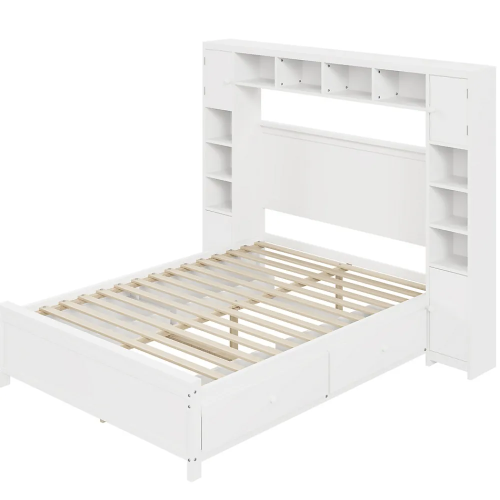 Lit avec Rangement 140x200 cm - Lit Double avec 4 Tiroirs et Placard Spacieux, Bois Massif et MDF, Sans Matelas - Blanc>Okwish Discount