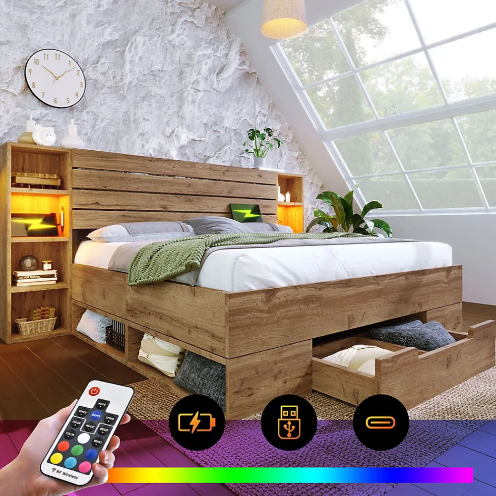 Lit avec rangement 180x200 cm - Lit double avec tête de lit LED et USB C - Bois Massif - Sans Matelas - Chêne>Okwish