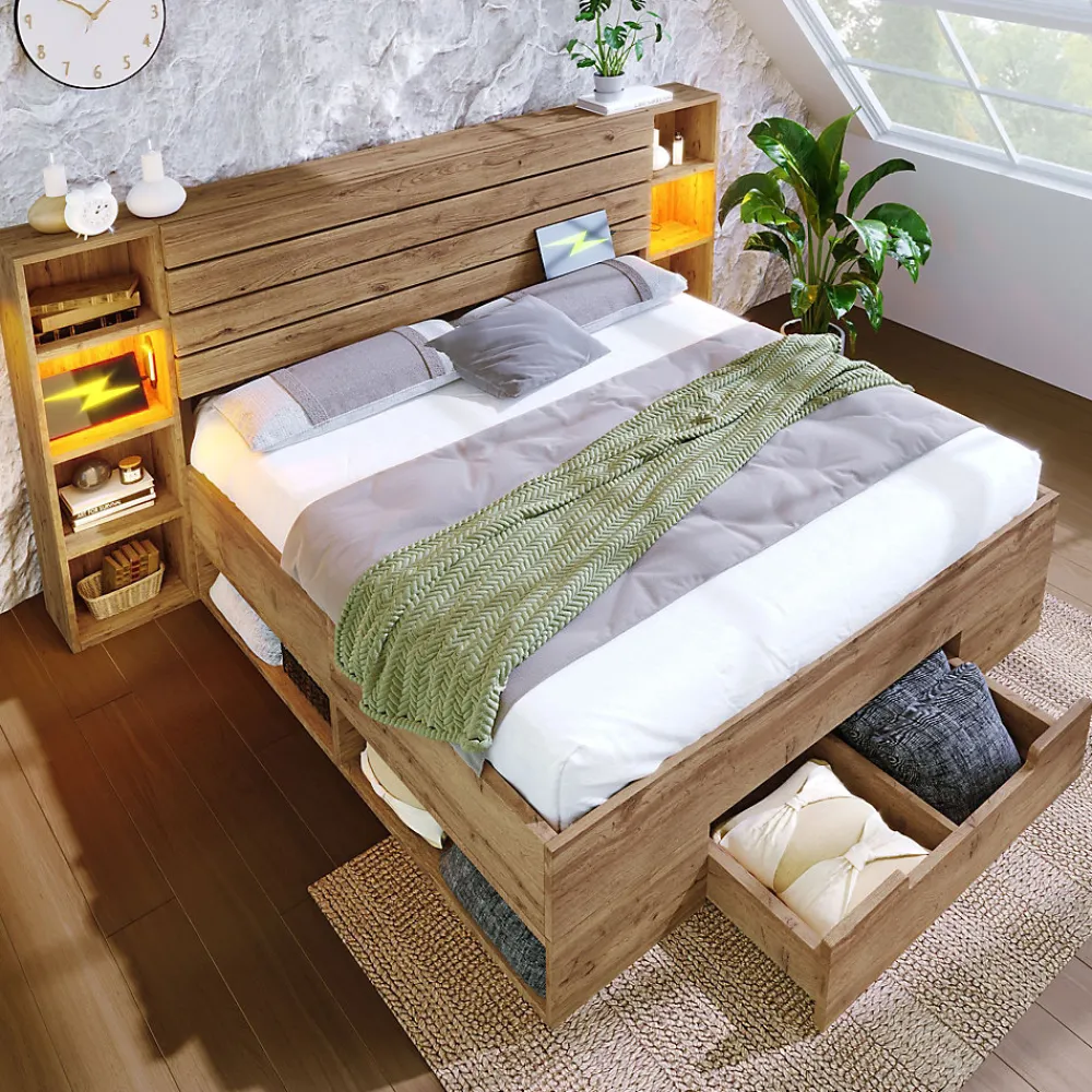 Lit avec rangement 180x200 cm - Lit double avec tête de lit LED et USB C - Bois Massif - Sans Matelas - Chêne>Okwish