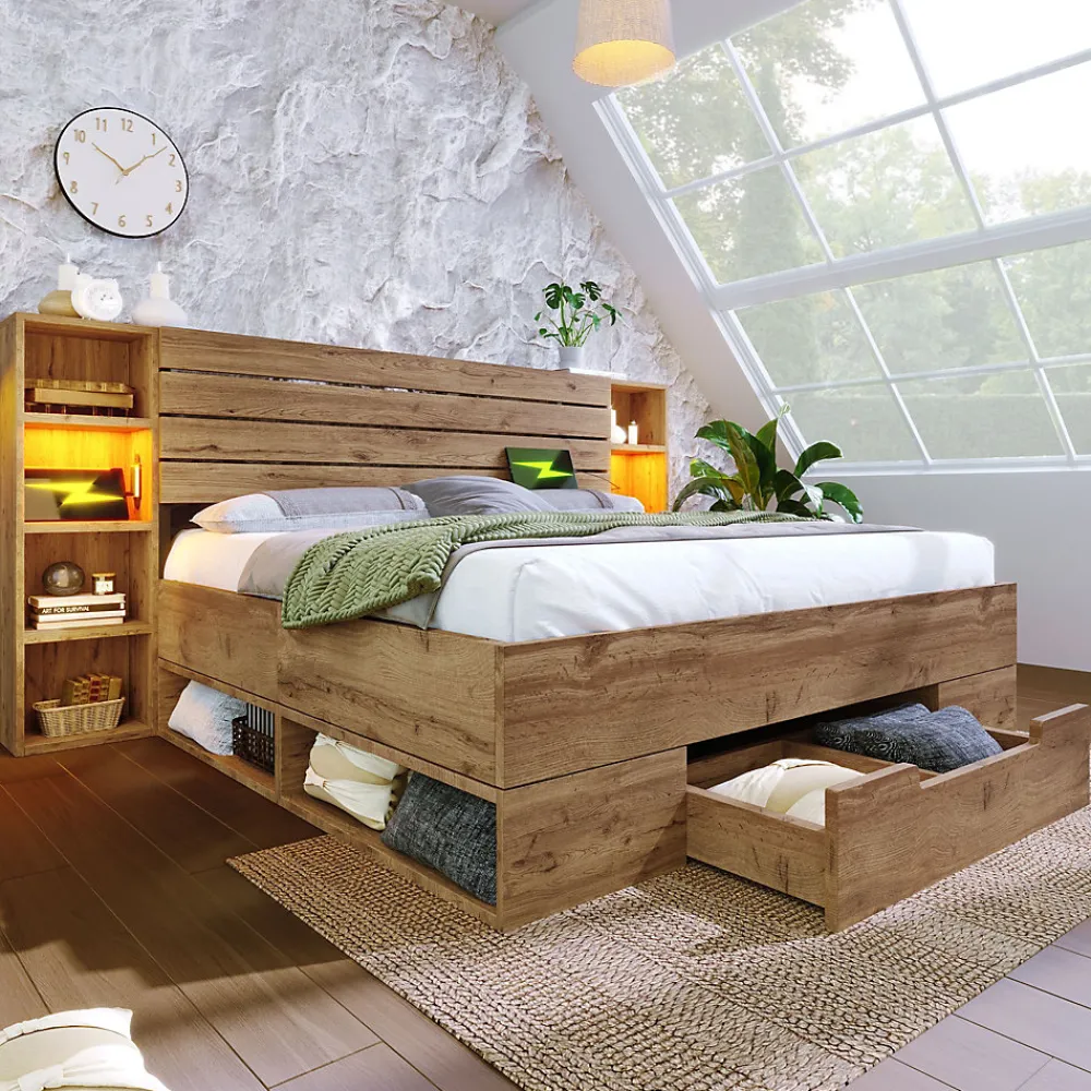 Lit avec rangement 180x200 cm - Lit double avec tête de lit LED et USB C - Bois Massif - Sans Matelas - Chêne>Okwish