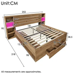 Lit avec rangement 180x200 cm - Lit double avec tête de lit LED et USB C - Bois Massif - Sans Matelas - Chêne><noscript><img width=