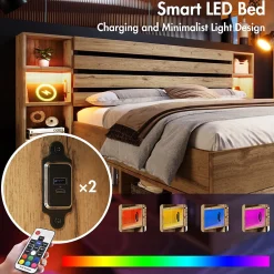 Lit avec rangement 180x200 cm - Lit double avec tête de lit LED et USB C - Bois Massif - Sans Matelas - Chêne><noscript><img width=