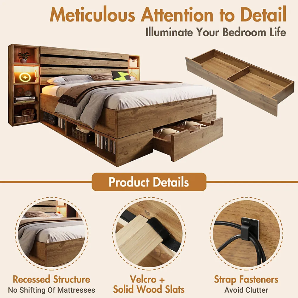 Lit avec rangement 180x200 cm - Lit double avec tête de lit LED et USB C - Bois Massif - Sans Matelas - Chêne>Okwish
