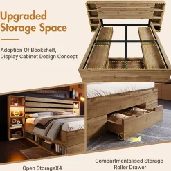 Lit avec rangement 180x200 cm - Lit double avec tête de lit LED et USB C - Bois Massif - Sans Matelas - Chêne><noscript><img width=