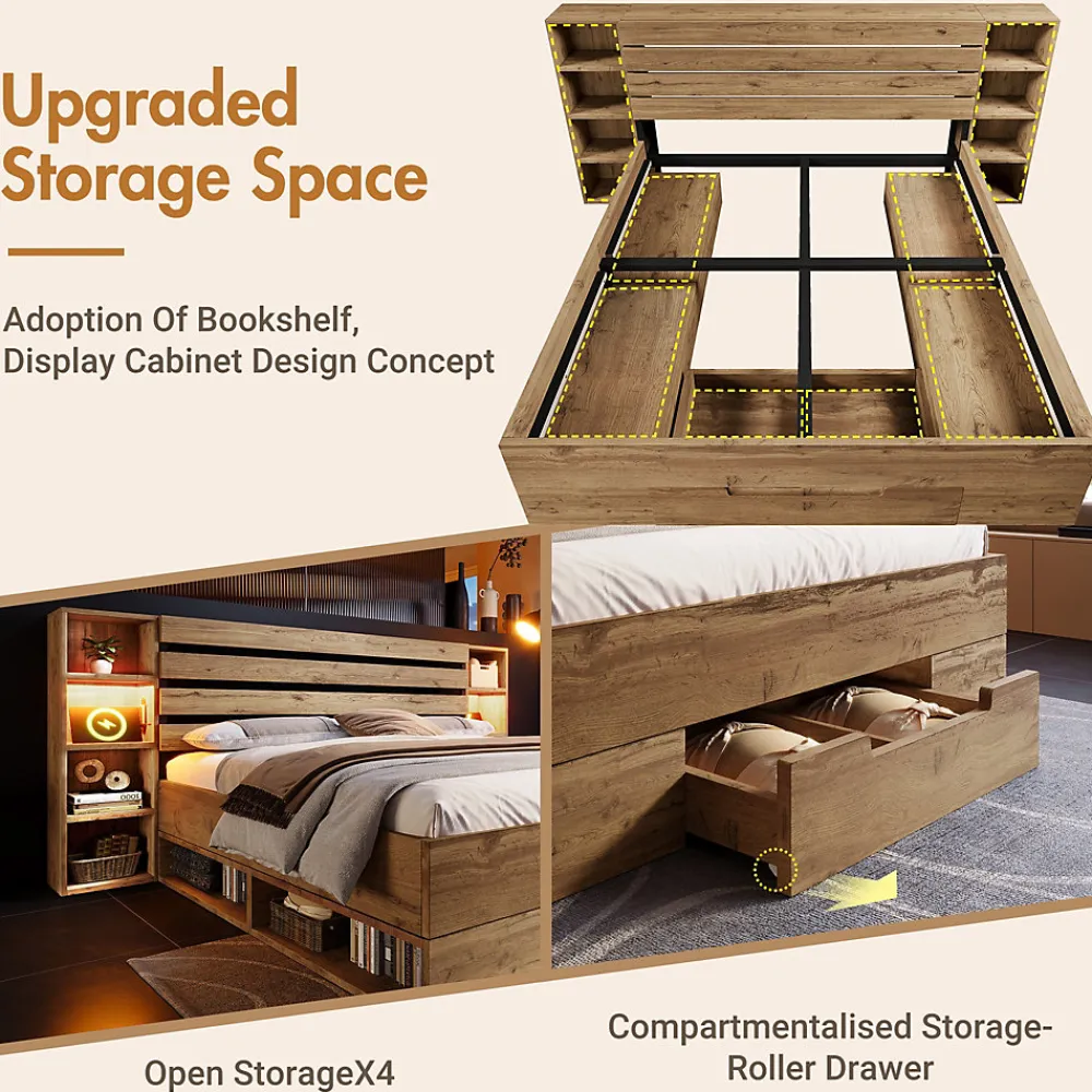 Lit avec rangement 180x200 cm - Lit double avec tête de lit LED et USB C - Bois Massif - Sans Matelas - Chêne>Okwish