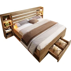 Lit avec rangement 180x200 cm - Lit double avec tête de lit LED et USB C - Bois Massif - Sans Matelas - Chêne><noscript><img width=