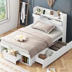 Lit avec Rangement 90x200 cm - Lit Simple avec USB et Tiroirs, Armoire Intégrée - Sans Matelas - Bois Blanc>Okwish Clearance