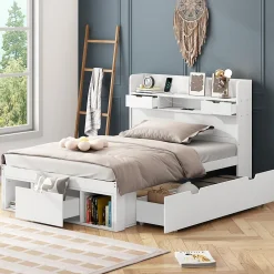 Lit avec Rangement 90x200 cm - Lit Simple avec USB et Tiroirs, Armoire Intégrée - Sans Matelas - Bois Blanc><noscript><img width=
