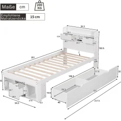 Lit avec Rangement 90x200 cm - Lit Simple avec USB et Tiroirs, Armoire Intégrée - Sans Matelas - Bois Blanc><noscript><img width=