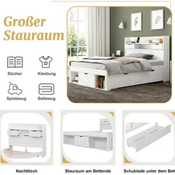 Lit avec Rangement 90x200 cm - Lit Simple avec USB et Tiroirs, Armoire Intégrée - Sans Matelas - Bois Blanc><noscript><img width=