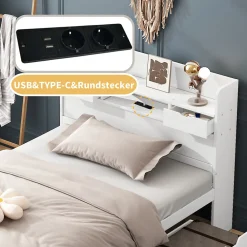 Lit avec Rangement 90x200 cm - Lit Simple avec USB et Tiroirs, Armoire Intégrée - Sans Matelas - Bois Blanc><noscript><img width=