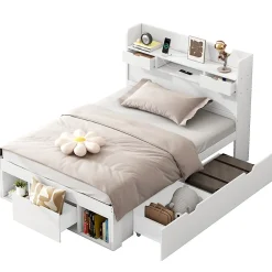 Lit avec Rangement 90x200 cm - Lit Simple avec USB et Tiroirs, Armoire Intégrée - Sans Matelas - Bois Blanc><noscript><img width=