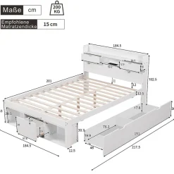 Lit avec Rangement 180x200 cm - Lit Double avec USB et Tiroirs, Armoire Intégrée - Sans Matelas - Bois Blanc><noscript><img width=