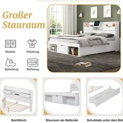 Lit avec Rangement 180x200 cm - Lit Double avec USB et Tiroirs, Armoire Intégrée - Sans Matelas - Bois Blanc><noscript><img width=