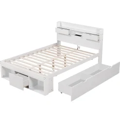 Lit avec Rangement 180x200 cm - Lit Double avec USB et Tiroirs, Armoire Intégrée - Sans Matelas - Bois Blanc><noscript><img width=