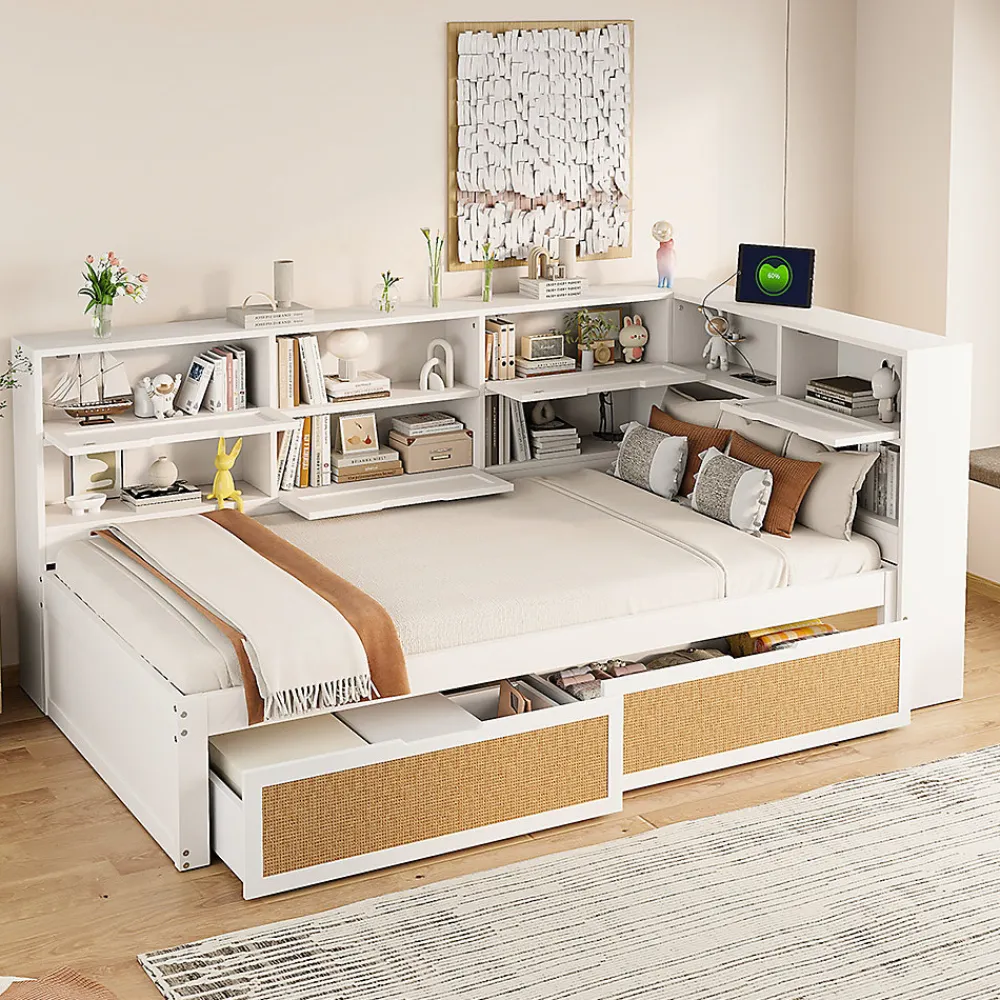 Lit avec Rangement 90x200 cm - Lit Simple enfant avec 2 Tiroirs et Niches de Rangement, Sans Matelas - Bois Massif et MDF Blanc>Okwish Discount