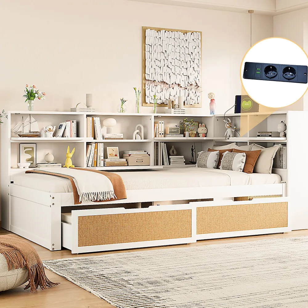 Lit avec Rangement 90x200 cm - Lit Simple enfant avec 2 Tiroirs et Niches de Rangement, Sans Matelas - Bois Massif et MDF Blanc>Okwish Discount