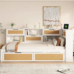 Lit avec Rangement 90x200 cm - Lit Simple enfant avec 2 Tiroirs et Niches de Rangement, Sans Matelas - Bois Massif et MDF Blanc><noscript><img width=