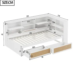 Lit avec Rangement 90x200 cm - Lit Simple enfant avec 2 Tiroirs et Niches de Rangement, Sans Matelas - Bois Massif et MDF Blanc><noscript><img width=