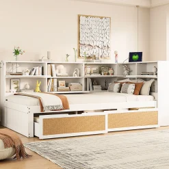 Lit avec Rangement 90x200 cm - Lit Simple enfant avec 2 Tiroirs et Niches de Rangement, Sans Matelas - Bois Massif et MDF Blanc><noscript><img width=