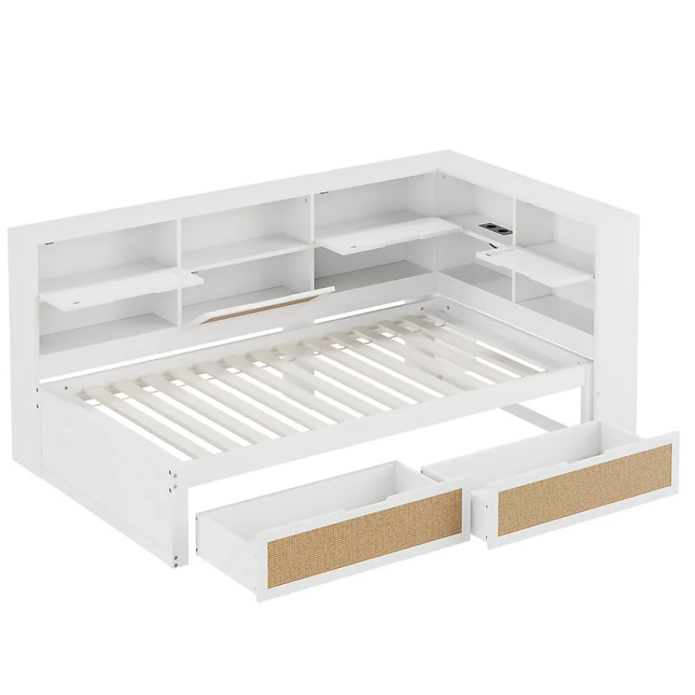 Lit avec Rangement 90x200 cm - Lit Simple enfant avec 2 Tiroirs et Niches de Rangement, Sans Matelas - Bois Massif et MDF Blanc>Okwish Discount