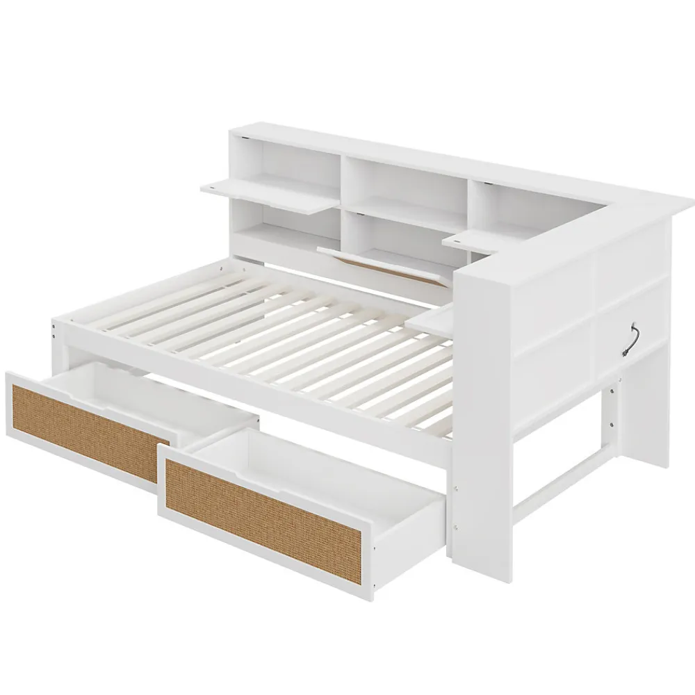 Lit avec Rangement 90x200 cm - Lit Simple enfant avec 2 Tiroirs et Niches de Rangement, Sans Matelas - Bois Massif et MDF Blanc>Okwish Discount