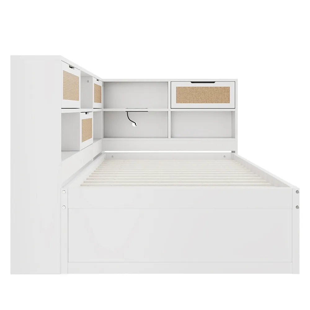 Lit avec Rangement 90x200 cm - Lit Simple enfant avec 2 Tiroirs et Niches de Rangement, Sans Matelas - Bois Massif et MDF Blanc>Okwish Discount