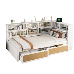 Lit avec Rangement 90x200 cm - Lit Simple enfant avec 2 Tiroirs et Niches de Rangement, Sans Matelas - Bois Massif et MDF Blanc><noscript><img width=