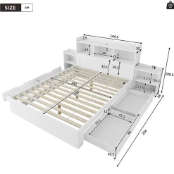 Lit avec Rangement 140x200 cm - Lit Double avec 2 Tables de Nuit Extractibles - MDF Robuste - Sans Matelas - Blanc><noscript><img width=