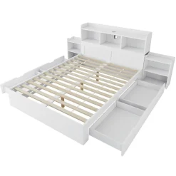 Lit avec Rangement 140x200 cm - Lit Double avec 2 Tables de Nuit Extractibles - MDF Robuste - Sans Matelas - Blanc><noscript><img width=