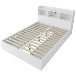 Lit avec Rangement 140x200 cm - Lit Double avec 2 Tables de Nuit Extractibles - MDF Robuste - Sans Matelas - Blanc><noscript><img width=