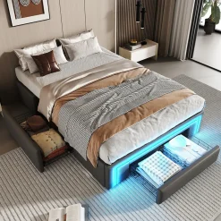 Lit avec rangement 90x200 cm - Lit simple avec 2 tiroirs et bande LED - Sans matelas - Gris>Okwish Sale