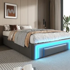 Lit avec rangement 90x200 cm - Lit simple avec 2 tiroirs et bande LED - Sans matelas - Gris>Okwish Sale