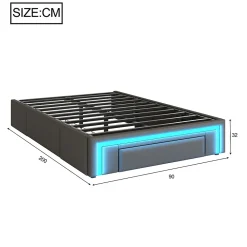 Lit avec rangement 90x200 cm - Lit simple avec 2 tiroirs et bande LED - Sans matelas - Gris><noscript><img width=